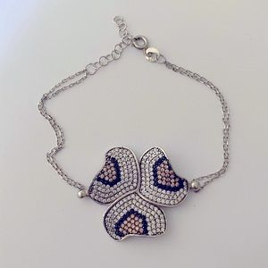 925 Silver clover bracelet cheetah champagne black clear cz stones flower